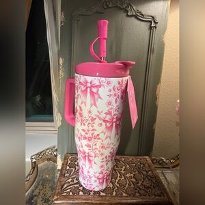 Wellness-Floral Pink and White 40oz. Tumbler w/ Stainless Steal Straw